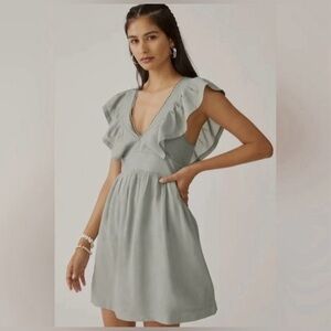 Anthropologie minimalist olive green V-neck plunge   Ruffle Mini Dress